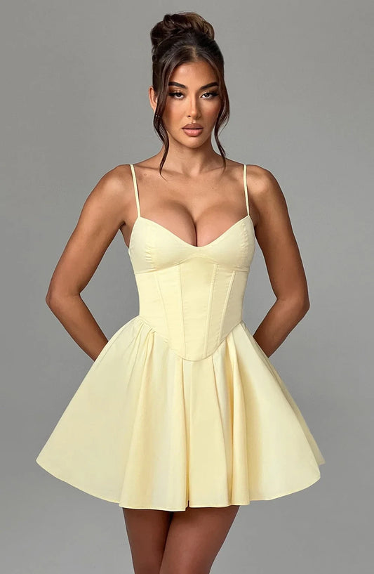 Elegant A-Line V Neck Corset Pleated Pale Yellow Mini Homecoming Dress