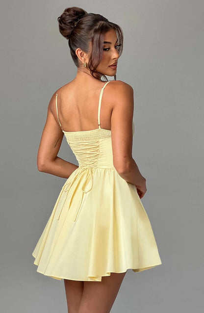 Elegant A-Line V Neck Corset Pleated Pale Yellow Mini Homecoming Dress
