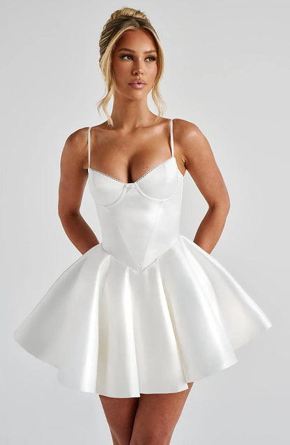 Elegant A-Line V Neck Flared satin Ivory Mini Homecoming Dress Ready To Ship
