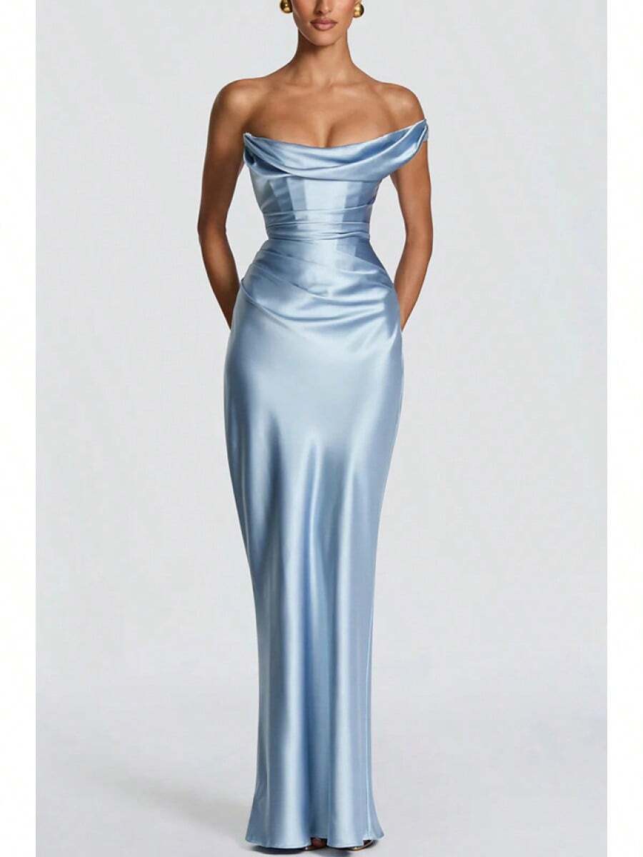 Elegant Bodycon Cowl Neck Draped Satin Sky Blue Floor-Length Prom Dresses