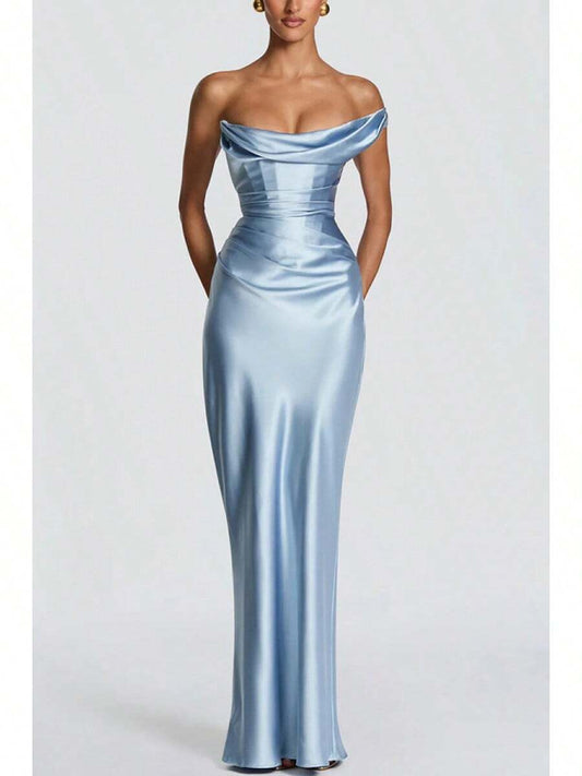 Elegant Bodycon Cowl Neck Draped Satin Sky Blue Floor-Length Prom Dresses