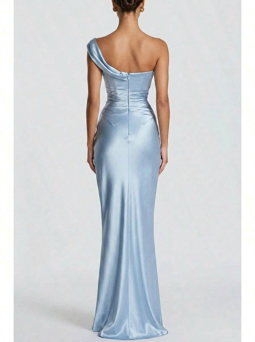 Elegant Bodycon Cowl Neck Draped Satin Sky Blue Floor-Length Prom Dresses