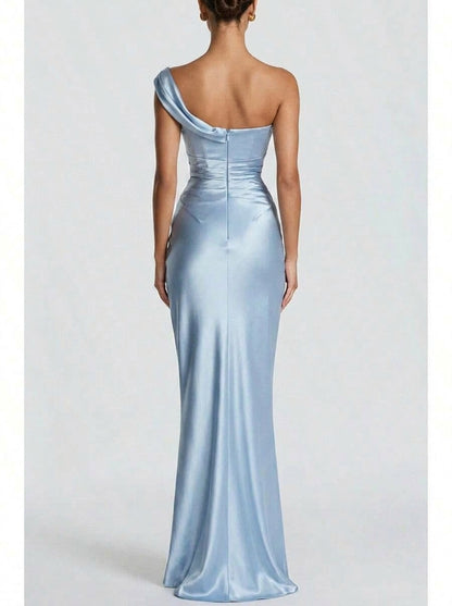 Elegant Bodycon Cowl Neck Draped Satin Sky Blue Floor-Length Prom Dresses