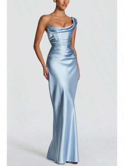 Elegant Bodycon Cowl Neck Draped Satin Sky Blue Floor-Length Prom Dresses