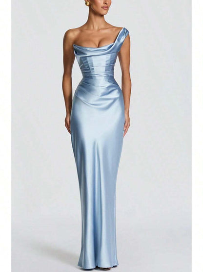 Elegant Bodycon Cowl Neck Draped Satin Sky Blue Floor-Length Prom Dresses