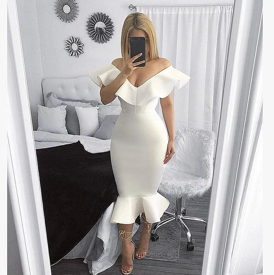 Elegant Bodycon Mermaid Off Shoulder Ruffled White Midi Evening Dress Women's