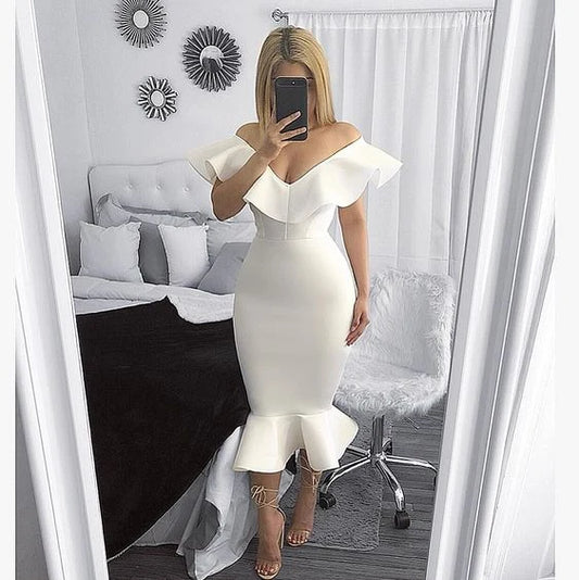 Elegant Bodycon Mermaid Off Shoulder Ruffled White Midi Evening Dress Women's