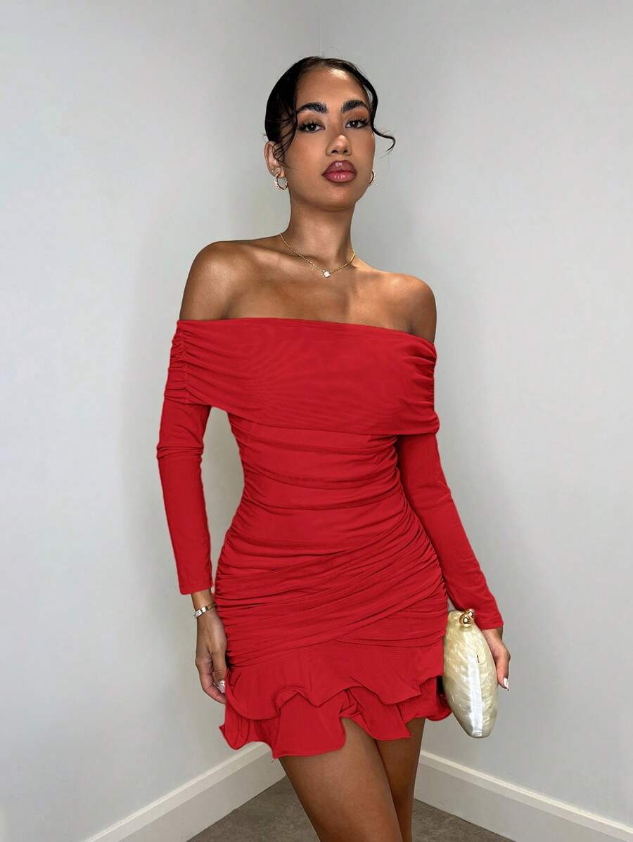 Elegant Bodycon Off-Shoulder Long Sleeve Ruched Ruffled Red Mini Homecoming Dresses