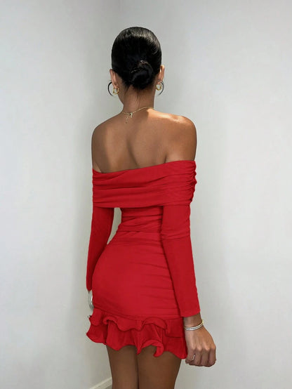 Elegant Bodycon Off-Shoulder Long Sleeve Ruched Ruffled Red Mini Homecoming Dresses