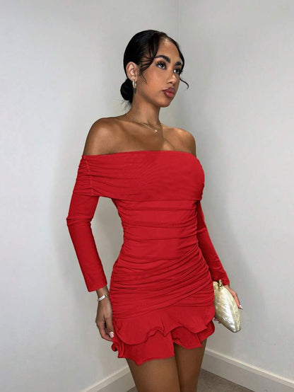 Elegant Bodycon Off-Shoulder Long Sleeve Ruched Ruffled Red Mini Homecoming Dresses