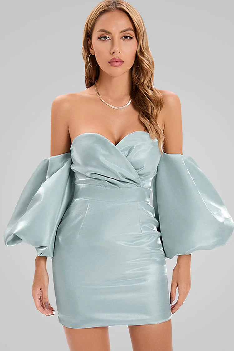 Elegant Bodycon Off-Shoulder Sweetheart Puff-Sleeve Draped Ruched Turquoise Mini Homecoming Dresses