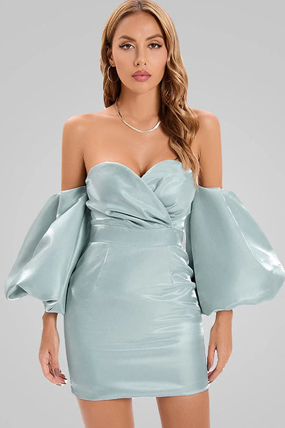 Elegant Bodycon Off-Shoulder Sweetheart Puff-Sleeve Draped Ruched Turquoise Mini Homecoming Dresses