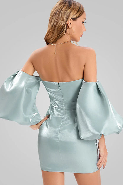 Elegant Bodycon Off-Shoulder Sweetheart Puff-Sleeve Draped Ruched Turquoise Mini Homecoming Dresses