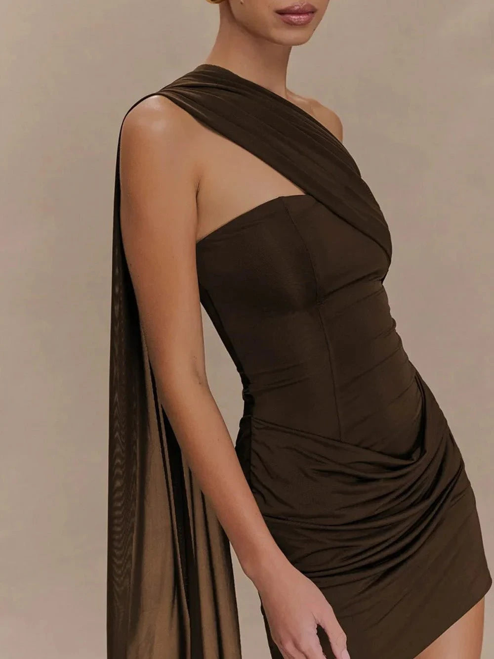 Elegant Bodycon One-Shoulder Draped Ruched Dark Brown Mini Homecoming Dresses