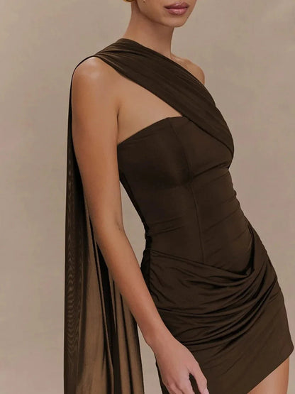 Elegant Bodycon One-Shoulder Draped Ruched Dark Brown Mini Homecoming Dresses