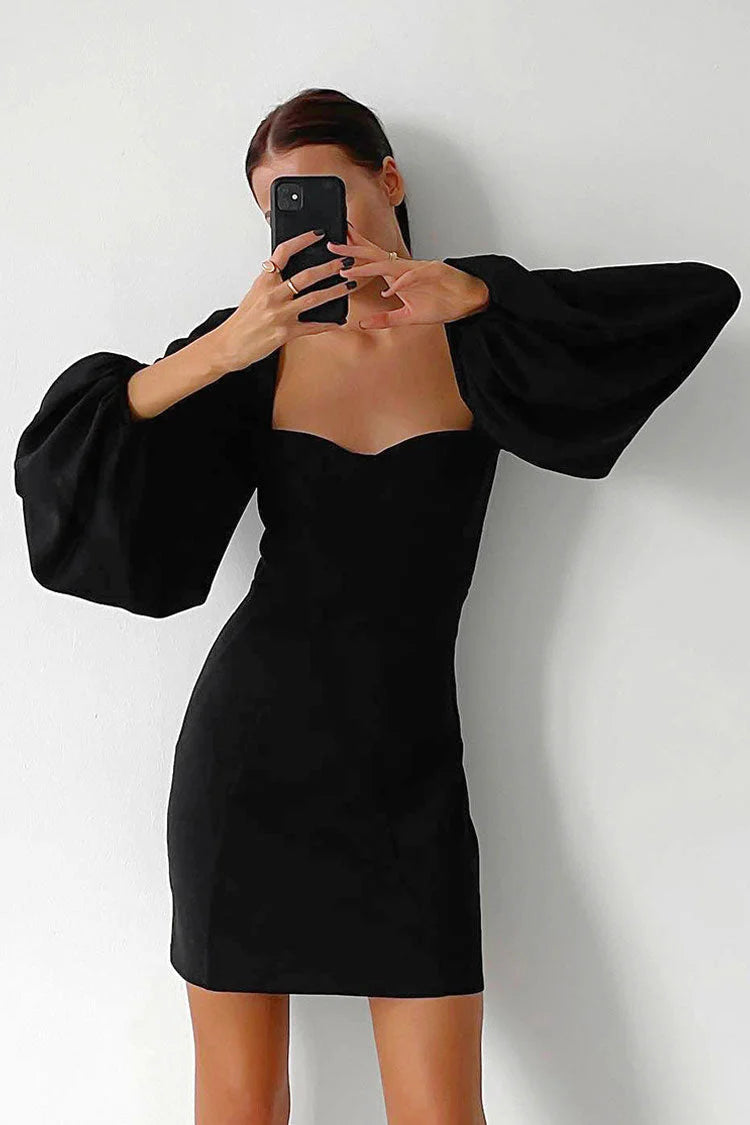 Elegant Bodycon Sweetheart Bishop Sleeve Black Mini Homecoming Dress For Ladies