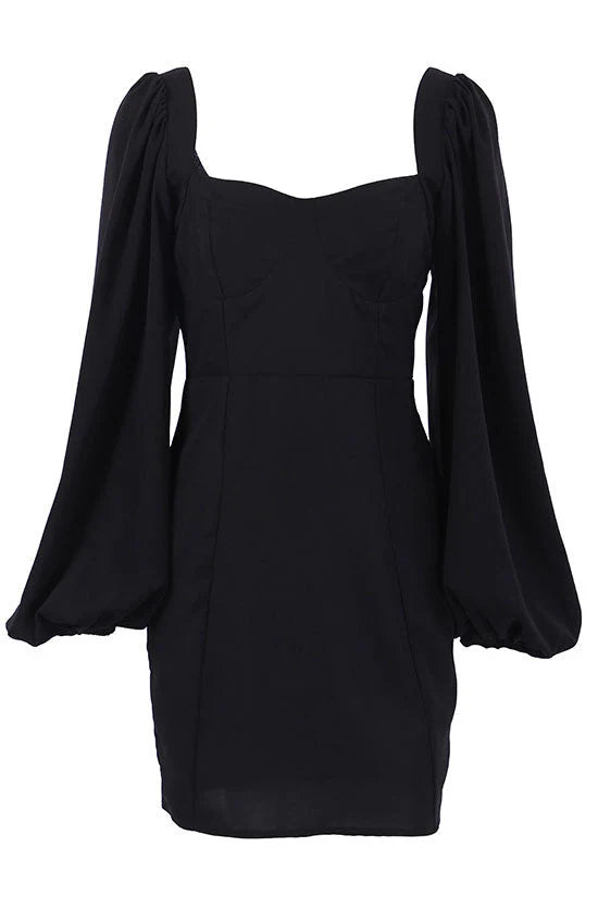 Elegant Bodycon Sweetheart Bishop Sleeve Black Mini Homecoming Dress For Ladies