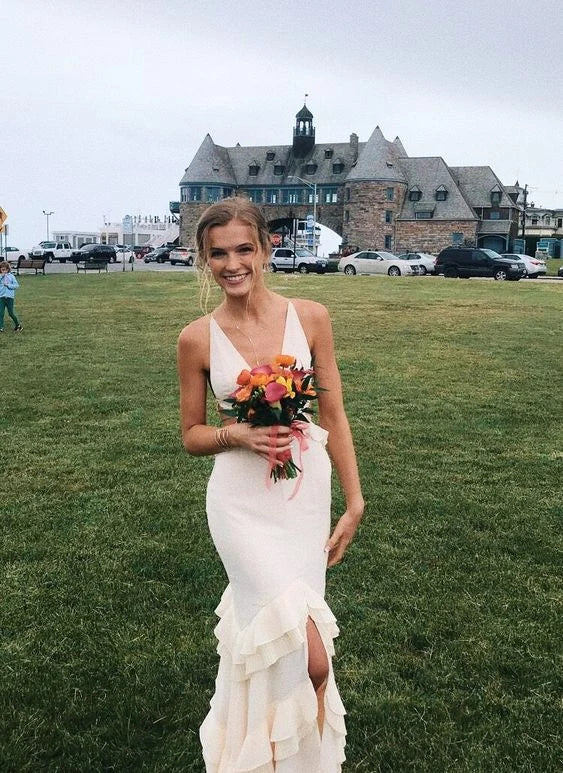 Elegant Chic Mermaid V-Neck Sleeveless Ruffled Slit Ivory Floor-Length Women's Evening Gown