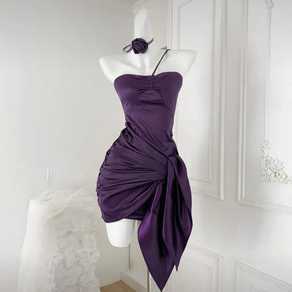 Elegant Fitted A-Line One-Shoulder Sweetheart Ruched Asymmetrical Purple Mini Homecoming Dress