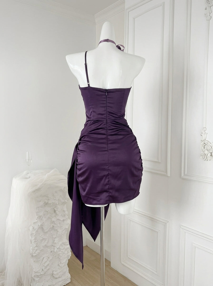 Elegant Fitted A-Line One-Shoulder Sweetheart Ruched Asymmetrical Purple Mini Homecoming Dress