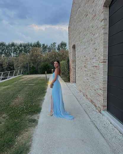 Elegant Fitted Strapless Sleeveless Ruched Slit Sky Blue Floor-Length Evening Dresses Women's Gown