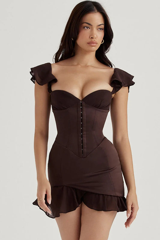 Elegant Fitted Sweetheart Cap-Sleeve Corset Ruffle Chocolate Brown Mini Homecoming Dresses