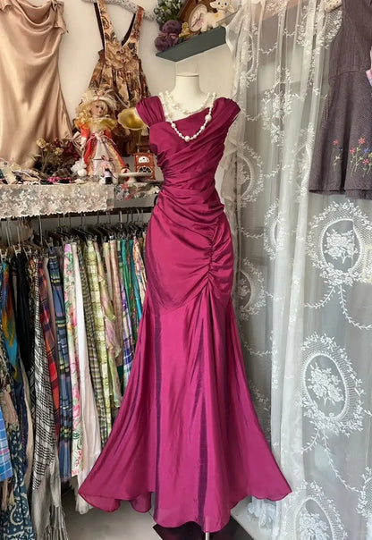 Elegant Fitted Sweetheart Sleeveless Ruched Draped Magenta Floor-Length Evening Dresses Women's Gown