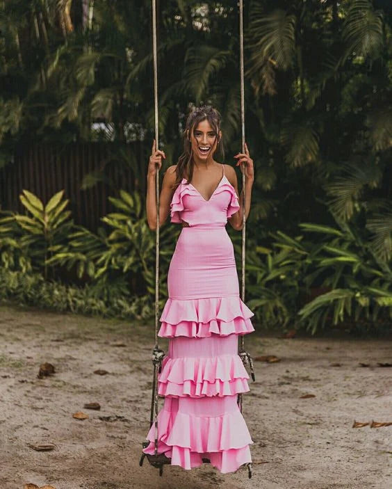Elegant Fitted V-Neck Sleeveless Ruffled Tiered Pink Floor-Length Evening Gown