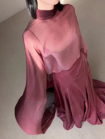 Elegant Flowy High Neck Draped Sheer Dusty Rose Floor-Length Evening Gown