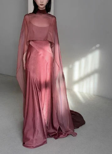 Elegant Flowy High Neck Draped Sheer Dusty Rose Floor-Length Evening Gown