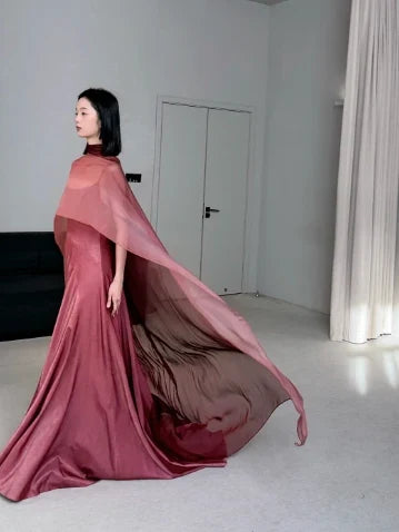 Elegant Flowy High Neck Draped Sheer Dusty Rose Floor-Length Evening Gown