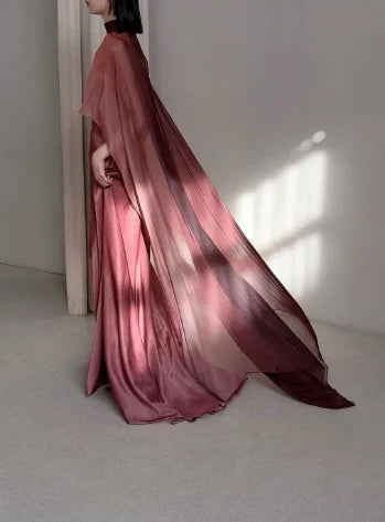 Elegant Flowy High Neck Draped Sheer Dusty Rose Floor-Length Evening Gown