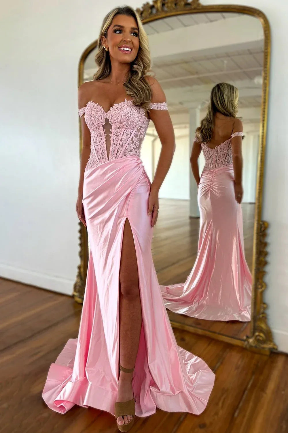 Elegant Mermaid/Trumpet Off the Shoulder Sleeveless Appliques Sweep/Brush Train Prom Dress