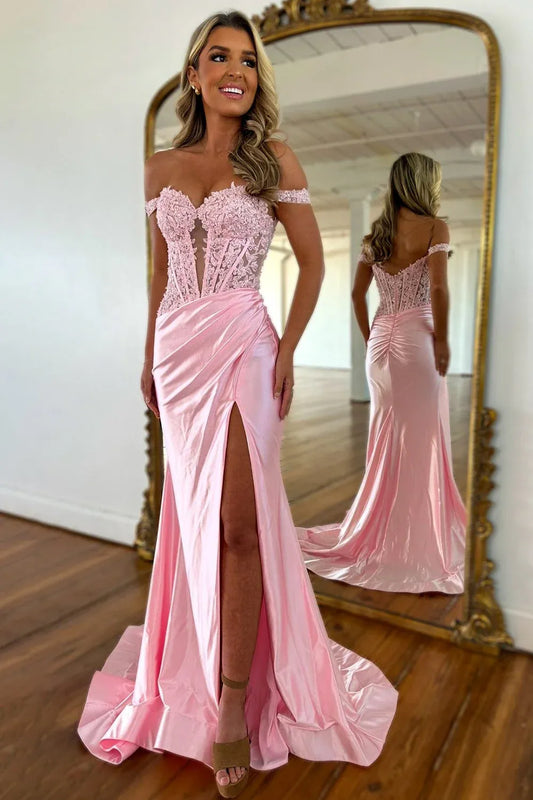 Elegant Mermaid/Trumpet Off the Shoulder Sleeveless Appliques Sweep/Brush Train Prom Dress
