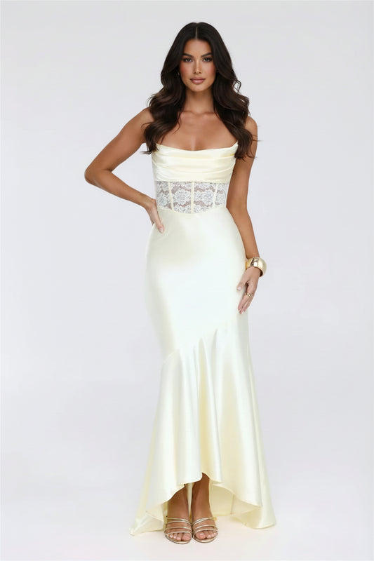 Elegant Mermaid Cowl Neck Corset Sheer Lace Pale Yellow Floor-Length Prom Dress