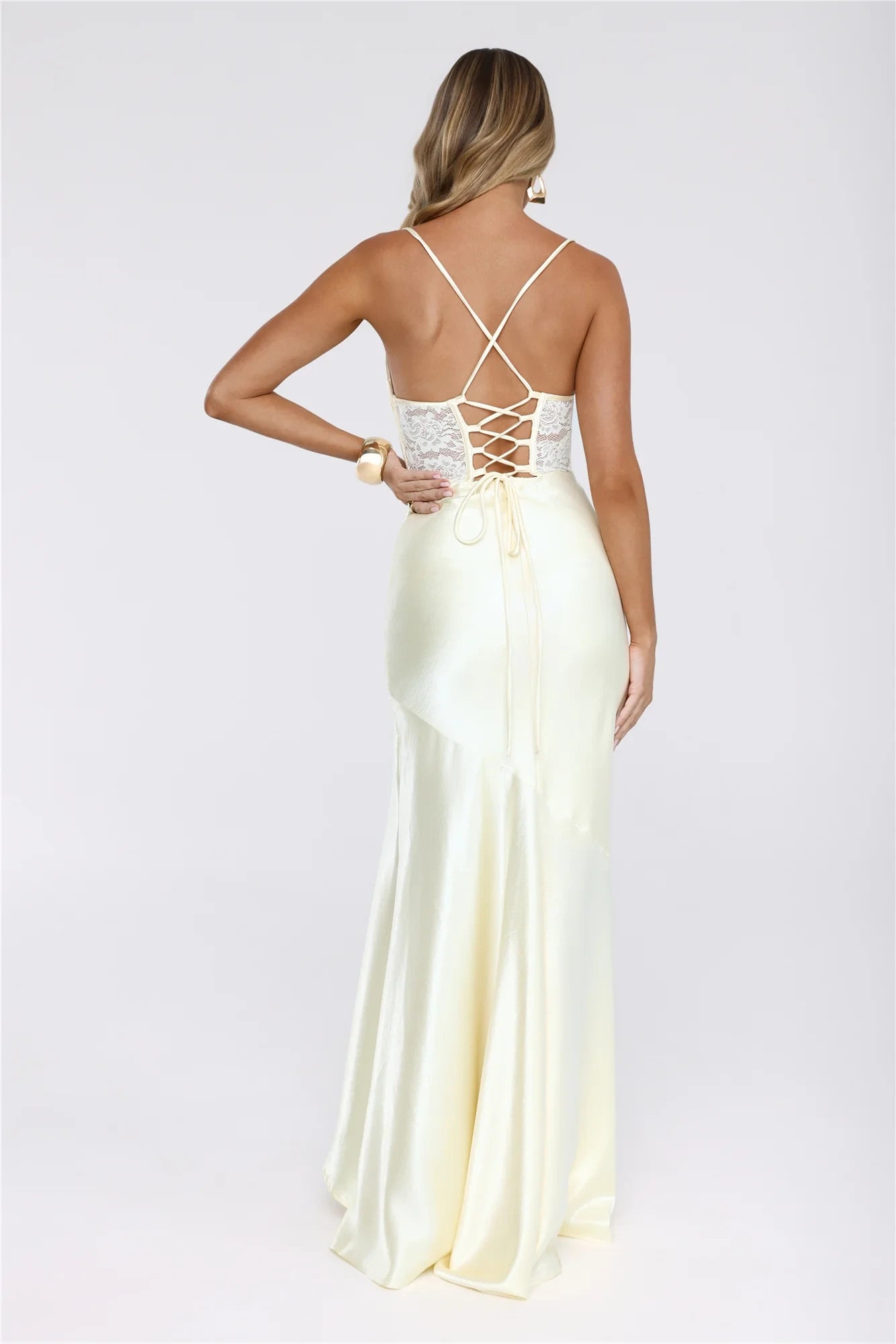 Elegant Mermaid Cowl Neck Corset Sheer Lace Pale Yellow Floor-Length Prom Dress