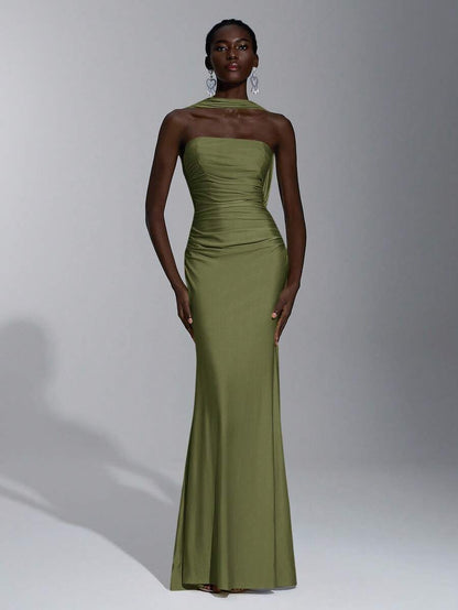 Elegant Mermaid Halter Ruched Fitted Waist Backless Olive Green Floor-Length Prom Dresses