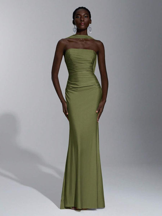 Elegant Mermaid Halter Ruched Fitted Waist Backless Olive Green Floor-Length Prom Dresses