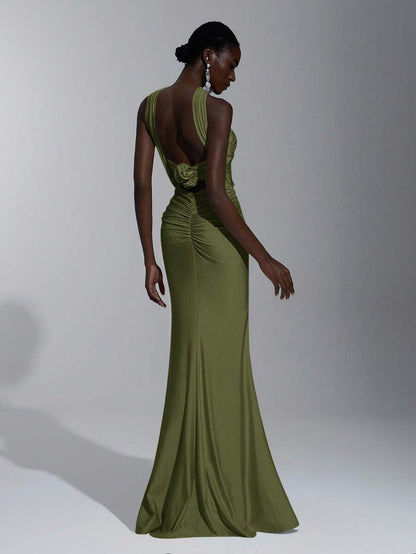 Elegant Mermaid Halter Ruched Fitted Waist Backless Olive Green Floor-Length Prom Dresses