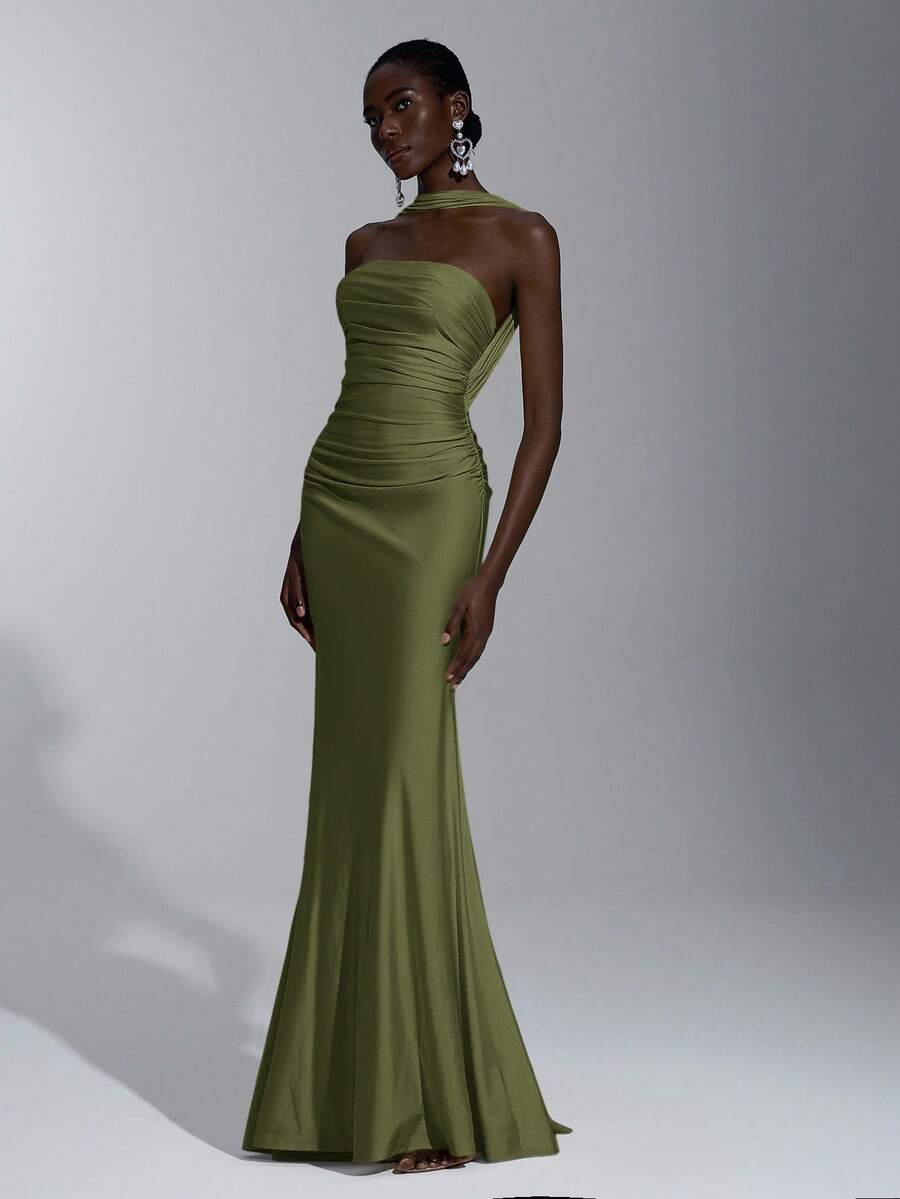 Elegant Mermaid Halter Ruched Fitted Waist Backless Olive Green Floor-Length Prom Dresses