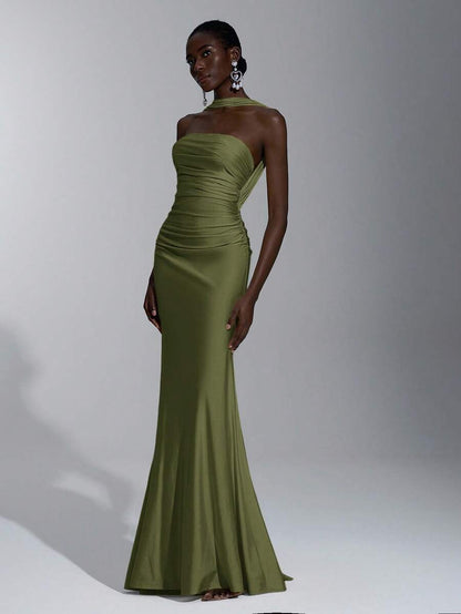 Elegant Mermaid Halter Ruched Fitted Waist Backless Olive Green Floor-Length Prom Dresses