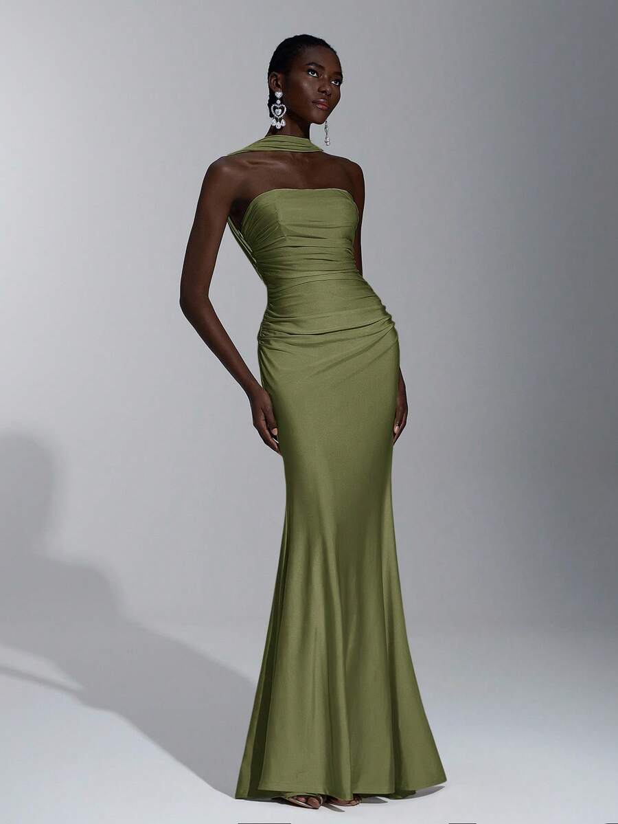 Elegant Mermaid Halter Ruched Fitted Waist Backless Olive Green Floor-Length Prom Dresses