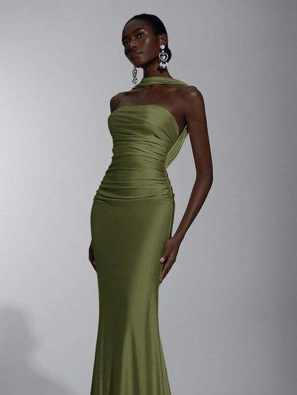 Elegant Mermaid Halter Ruched Fitted Waist Backless Olive Green Floor-Length Prom Dresses