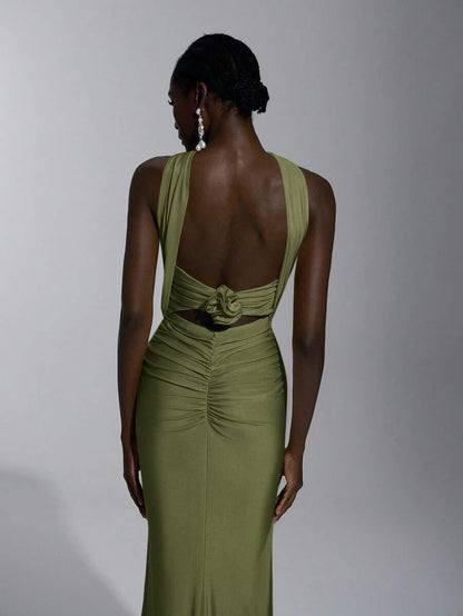 Elegant Mermaid Halter Ruched Fitted Waist Backless Olive Green Floor-Length Prom Dresses