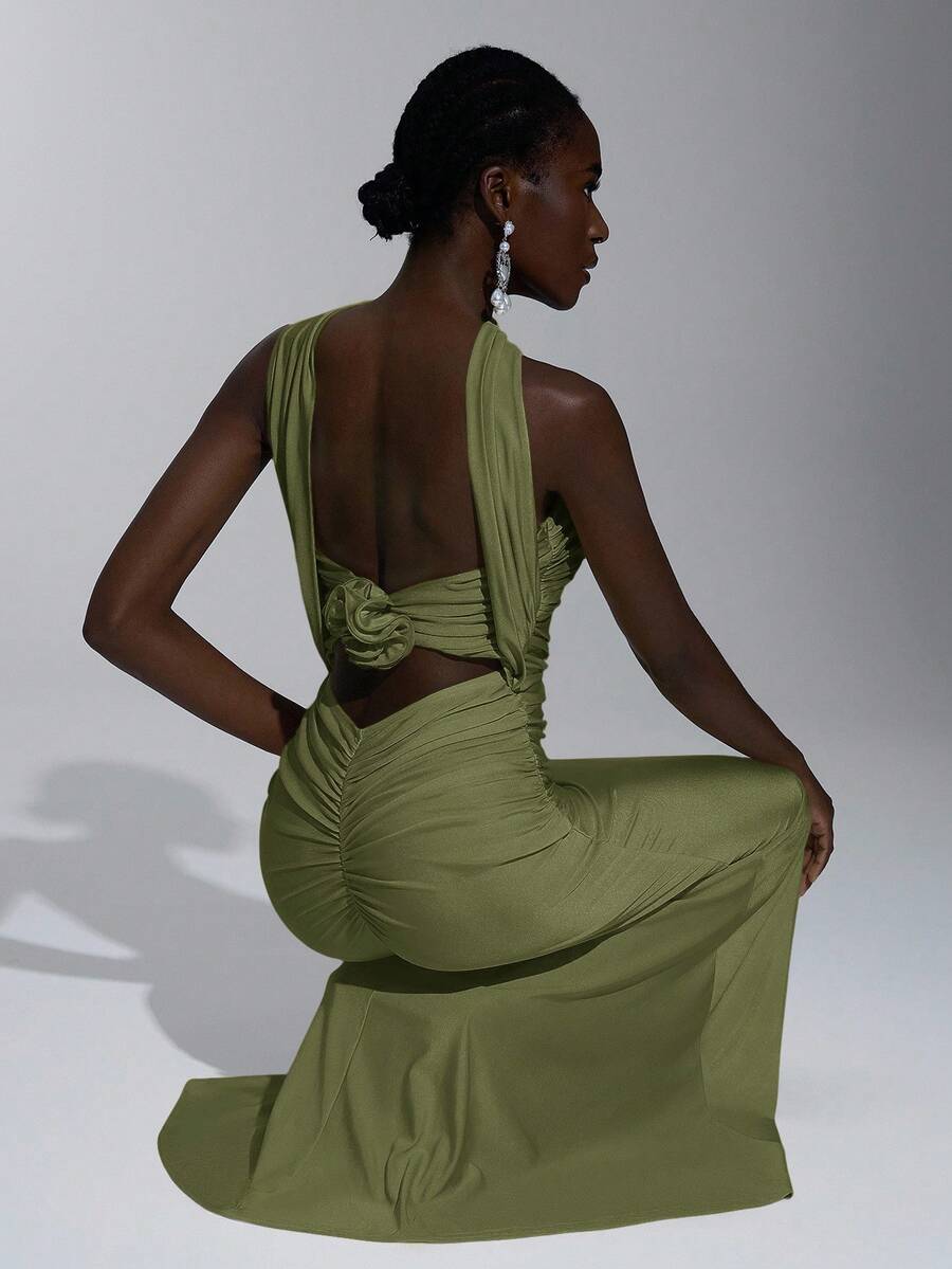 Elegant Mermaid Halter Ruched Fitted Waist Backless Olive Green Floor-Length Prom Dresses