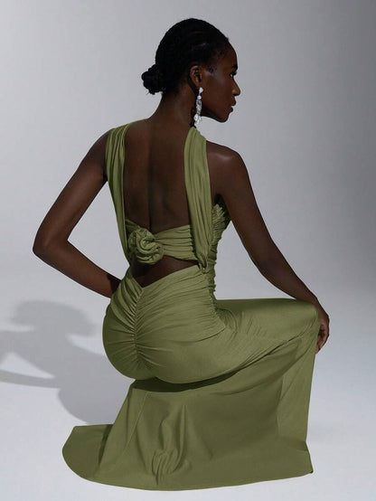 Elegant Mermaid Halter Ruched Fitted Waist Backless Olive Green Floor-Length Prom Dresses