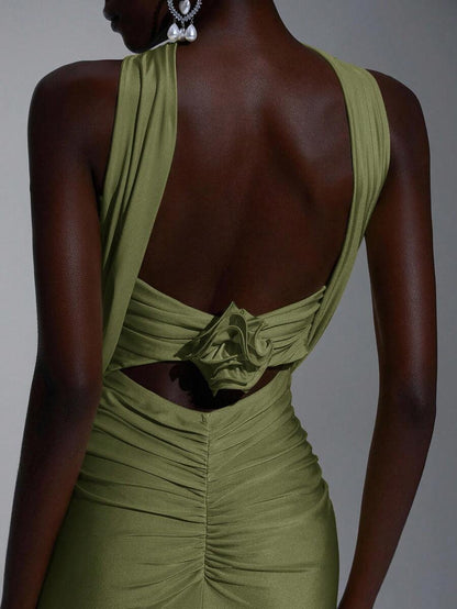 Elegant Mermaid Halter Ruched Fitted Waist Backless Olive Green Floor-Length Prom Dresses