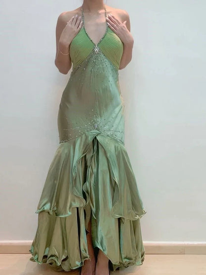 Elegant Mermaid Halter Sleeveless Beaded Ruffled Sage Green Floor-Length Evening Gown