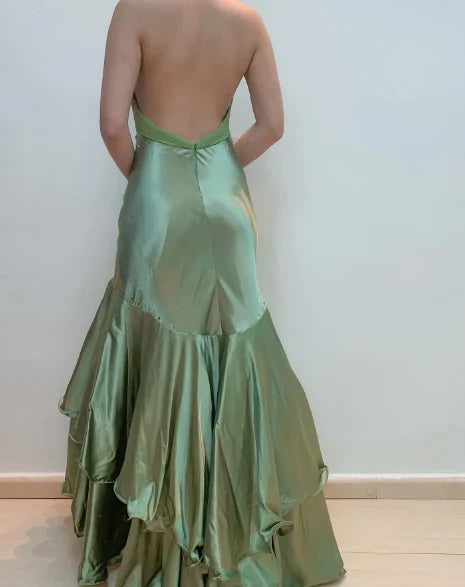 Elegant Mermaid Halter Sleeveless Beaded Ruffled Sage Green Floor-Length Evening Gown