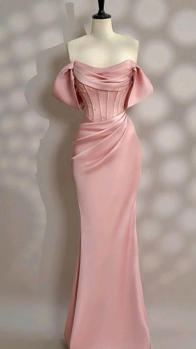 Elegant Mermaid Off-Shoulder Draped Corset Blush Pink Floor-Length Evening Gown